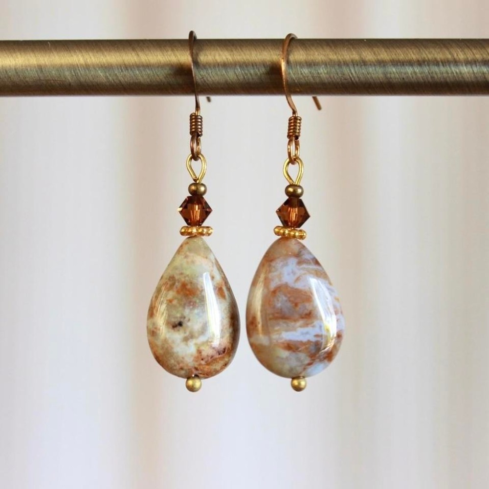 Handmade Desert Jasper Teardrop Stone Dangle Earrings Earthy Boho Bohemian
